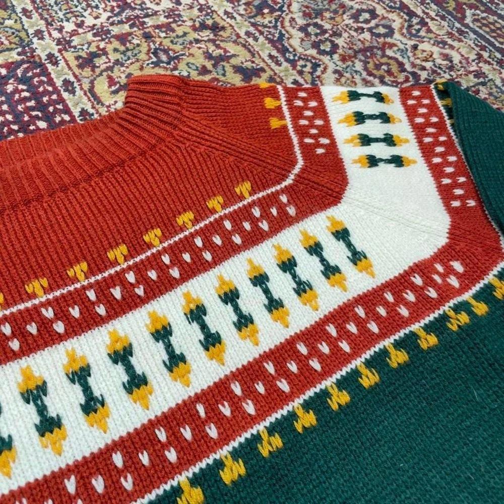 VTG VTG 70s 80s JCPenney Mens Shop knit nordic ski pattern sweater‎ L green - Picture 2 of 5